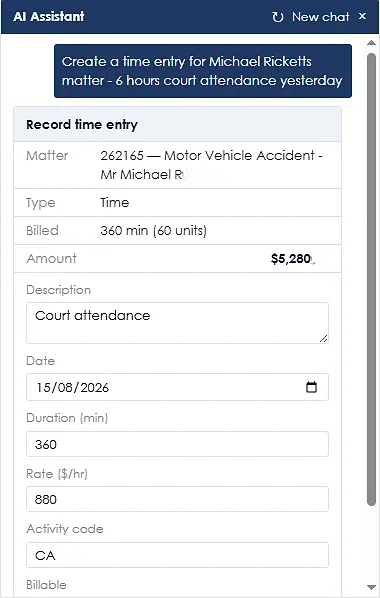 The LAPM AI assistant building a time entry from a plain-English instruction, with every field editable before it is saved